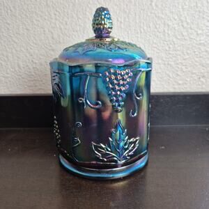 Vintage Indiana Blue Carnival Glass Harvest Grapes Pattern Jar Canister